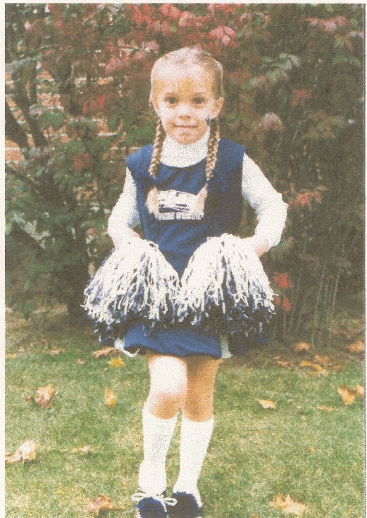 Leah Lang as a Penn State Cheerleader for Halloween, 1987.